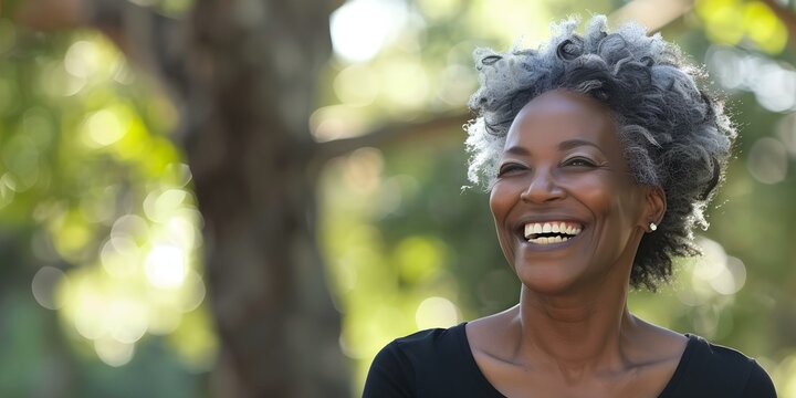 A joyful Black woman in her 50s exudes happiness in a park. Concept Outdoor Photoshoot, Joyful Portraits, Senior Woman 50s, Happy Expression, Park Setting