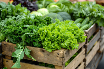 Naklejka premium Fresh Green Lettuce and Greens Displayed in Wooden Crate