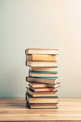 Pile of assorted books on a wooden table with a calm, neutral background providing ample copy space for text
