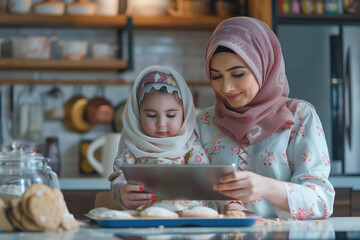 Muslim Mother and Daughter Using Tablet in Kitchen