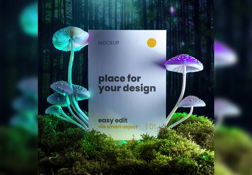 Poster page mockup in nature with bio mushrooms 02 Generative Ai