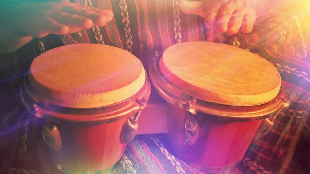 Bongo Drumming In Colorful Glows And Flares