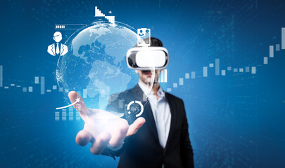 Skilled business man looking data analysis while planning strategy by using visual reality glasses. Professional smart investor checking financial graph holographic while wearing VR goggle. Deviation.