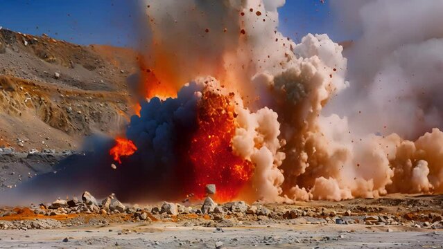 A large explosion at a mining site as dynamite is used to blast through tough layers of mineralrich earth.