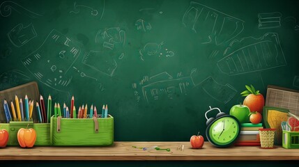 Vibrant back to school scene: books, backpack, stationery, and more on classroom desk against green chalkboard with educational doodles - perfect for new academic year start

