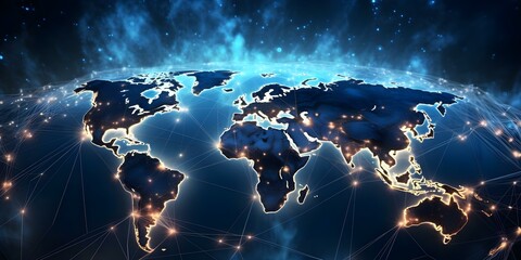 World map with network connections representing global business connections. Concept Global Business Connections, World Map, Networking, International Trade, Communication