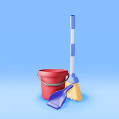 3d cleaning time or service concept isolated. Render empty bucket with broom and dustpan for cleaning and washing. House cleaning equipment. Household accessories. Realistic vector illustration