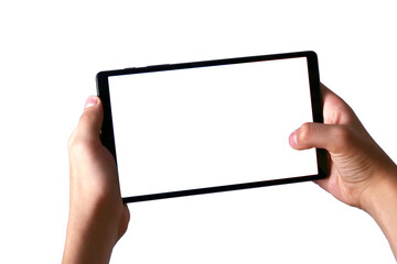 A teenager holds a tablet with two hands. PNG mockup of tablet with white screen on transparent background.There is a work path in the file.