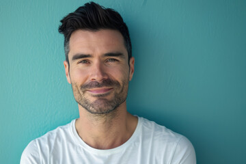 A close up portrait of a young man with a subtle smile