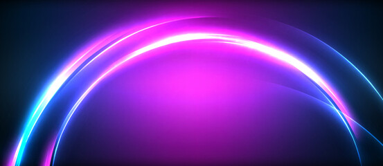 Neon glowing circle rays, light round lines in the dark, planet style neon wave lines. Energetic electric concept design for wallpaper, banner, background