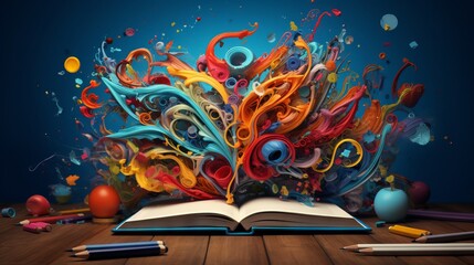 Back to school: vibrant open notebook with essential school supplies, ready for learning adventure.

