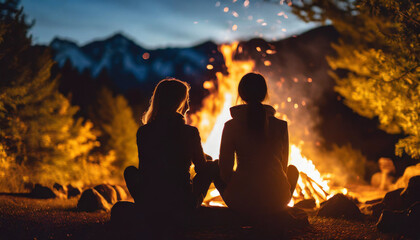 Silhouetted against a glowing fire, two slender women sit in peaceful contemplation, embodying unity and warmth, as they watch the flames dance under the starlit sky
