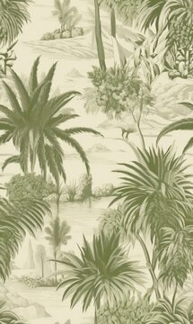 a green and gray wallpaper featuring plants in various sizes, in the style of exotic landscapes, detailed cross-hatching, light beige and black, minolta riva mini, lith printing