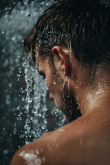Muscular man male back and shoulders in shower with flowing water splash symbolizing hygiene skin care concept background.