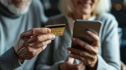 Its a heartwarming scene of a senior couple happily using a credit card and smartphone to shop online together, showcasing their love and modern technology use in their retirement years