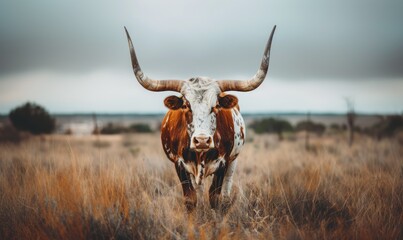 Close up of texas longhorn cattle in ranch pasture. 