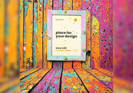 Psicodelic Wood Poster Portait Frame Mockup Generative Ai