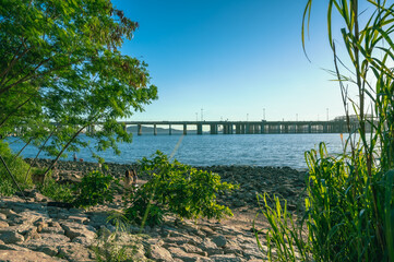 a summer coastal landscape with trees, rocks, and a highway bridge at the background, photo in Qianhai sub-district of Shenzhen, China
