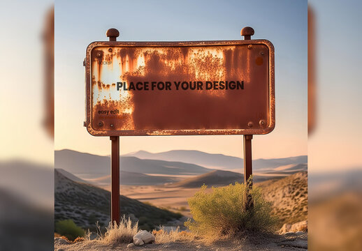 Rusty Sign on Route Desert Mockup 02 Generative Ai