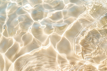 Transparent clear sea summer holiday abstract water waves with sunlight shadows on beige sandy beach background close up detail, travel and adventure concept.