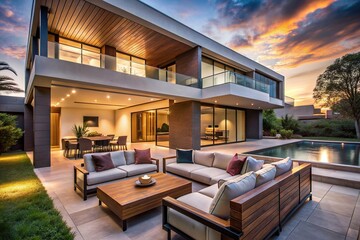 As twilight descends, a modern home's sleek architecture is illuminated, showcasing a warm, inviting interior and a meticulously designed outdoor area with plush seating and stylish lighting