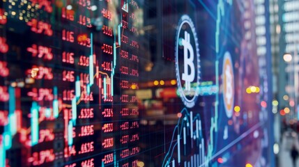 Fototapeta premium Abstract image of stock market data with glowing blue bitcoin symbol in the center.