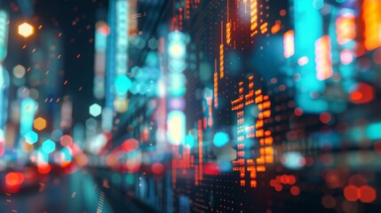 Abstract image of stock market graph with blurred skyscrapers in the background.