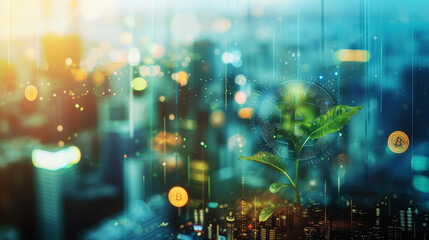 Fototapeta premium Blurred image of a cityscape with a plant growing in the foreground.