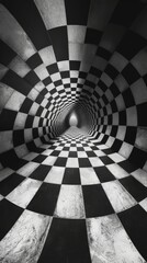 Checkerboard pattern optical illusion tunnel with black and white tiles, abstract surreal background concept