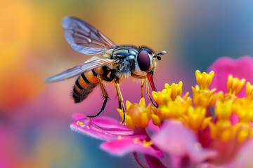 Hoverfly sitting in flower and  gathering nectar closeup