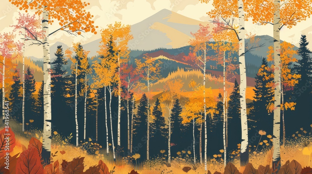 Wall mural scenic autumn landscape in a forest of birch aspen and pine trees on a mountain slope - Wall murals