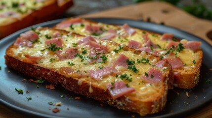 delicious sandwich with ham, melted cheese and spicy herbs, cooking school, simple recipe, healthy food, bright appetizing colors