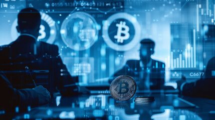 Group of business people discussing about bitcoin and cryptocurrency investment.