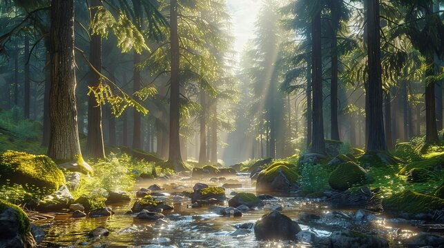 A tranquil forest landscape with towering pine trees