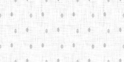 White neutral minimal botanical leaf motif with Linen effect texture for baby nursery seamless background. Modern muted simple soft motif pattern for wallpaper, home decor white gray design. 