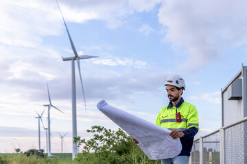 Professional Man Maintenance engineers working in wind turbine farm at sunset.  Engineer Man standing among Wind Energy Turbine.