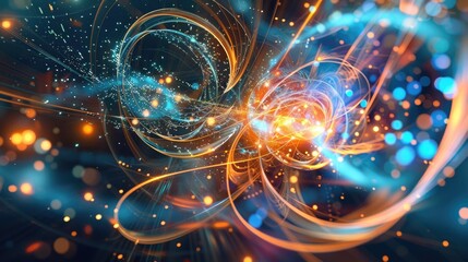 The image is an abstract painting with bright colors and a lot of energy. It looks like a particle accelerator or a supernova.