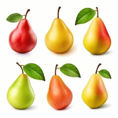 Set of red yellow pear fruits with green leaf isolated on white with clipping path