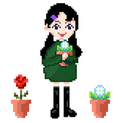 Fototapeta premium Fashion woman pixel art style character with plant flower. design for postcard, boutique, website or print. portrait and profile picture. Design of 80s. Game assets. 8-bit vector illustration