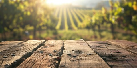 The close up picture of the empty table that has been made from the wooden material and placed inside the vineyard, the winery is place for making the wine from the fruit that called grapes. AIGX02.