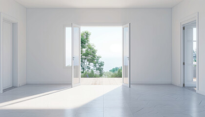 Minimal Style Modern White Empty Room With Open Sliding Door To Terrace 3d Render Overlooking Nature View Background: A Serene Retreat.