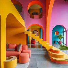 Bright and Cheerful Living Room with a Yellow Staircase, Vibrant Living Room Interior Design, Modern Living Room with a Pop of Color, Playful Living Room, generative ai