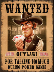 A wanted poster features a smirking cowboy with playing cards, accused of "talking too much during poker games." Poster has vintage, old-western look, bold lettering and weathered, rustic appearance.