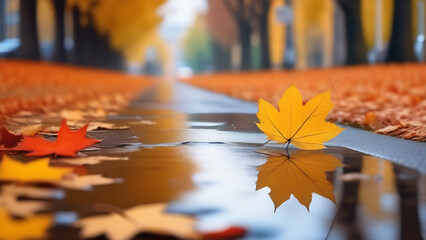 Paved wet 
 a road with puddles and orange fallen maple leaves in close-up