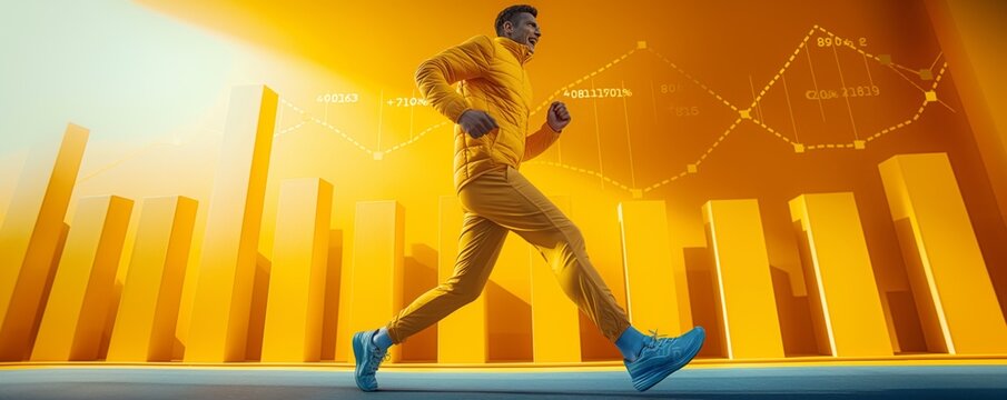 Runner in yellow on a financial graph background - Powered by Adobe