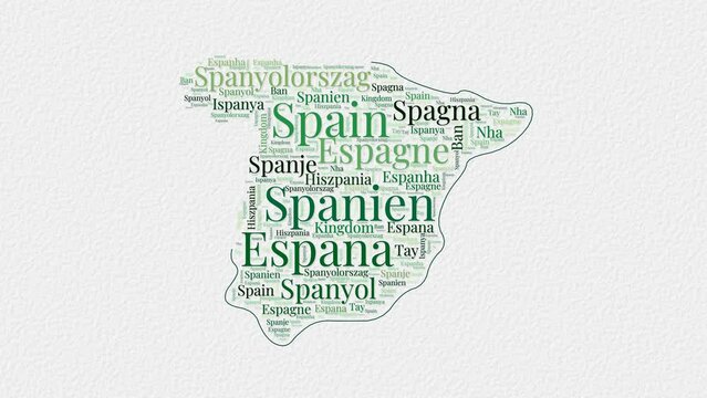 Spain logo animation featuring a word cloud of country names in multiple languages on a paper-style background. Ideal for country presentations or intros.
