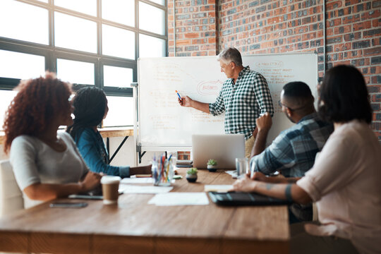 Leadership, workshop and man at creative presentation for project management, planning and teamwork ideas. Whiteboard, meeting room and business people in office for growth, development or proposal