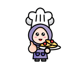 illustration of a Muslim chef in a headscarf serving cake
