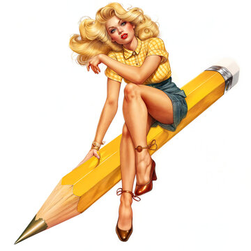 Woman with blonde hair in an updo, wearing a yellow squares shirt, blue shorts and brightt brown high heels. She is sitting on a well sharpened yellow pencil, which has a silver band at the top.