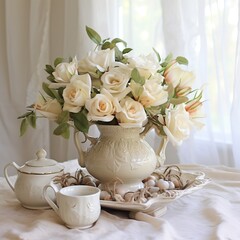white flowers in a porcelain vase on a white tablecloth and a white porcelain cup